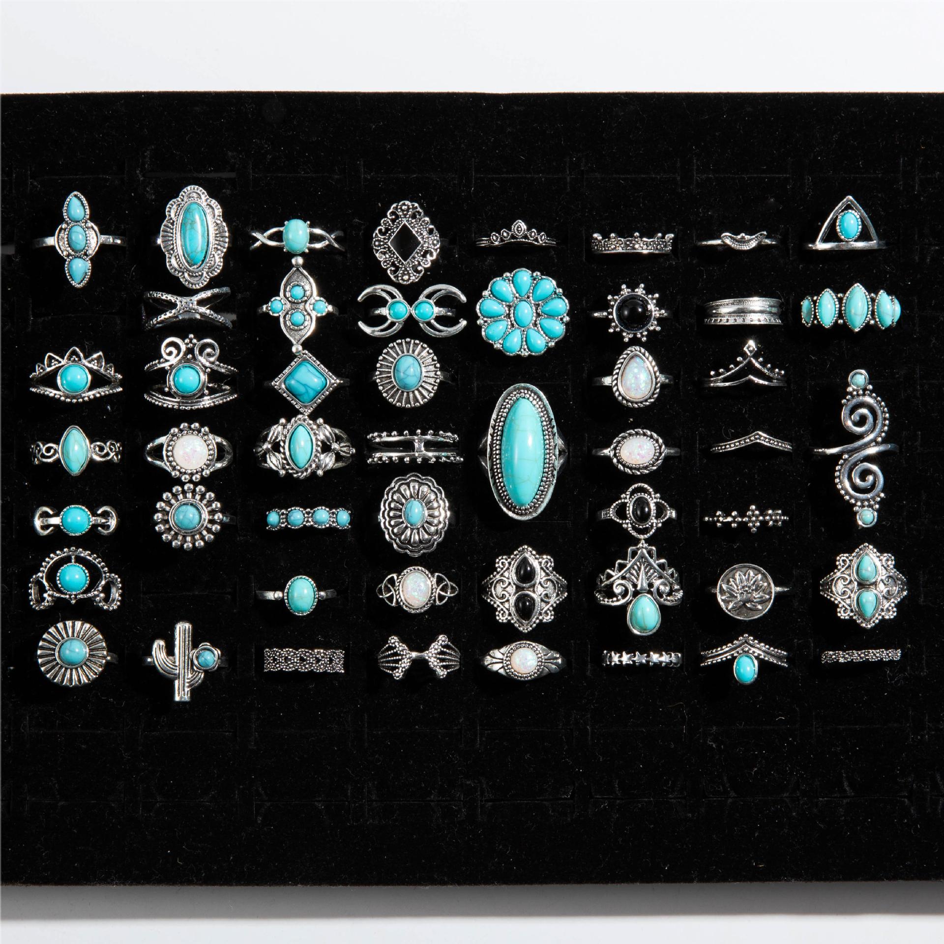 Wholesale Ethnic Turquoise Cactus Flower Ring Retro Geometric Lace Mixed Batch Set Pattern Random